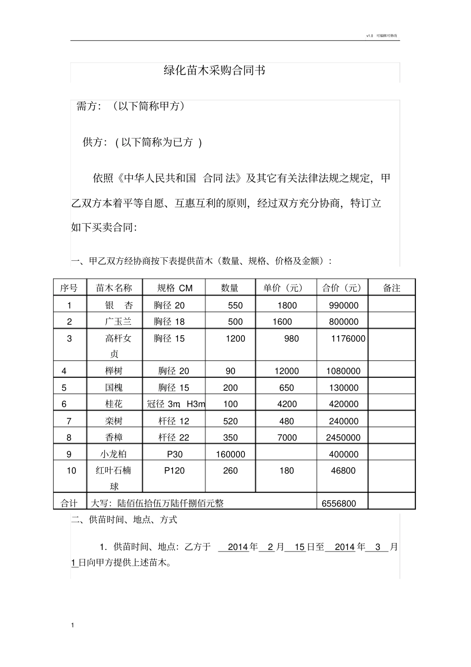 绿化苗木采购合同书_第1页