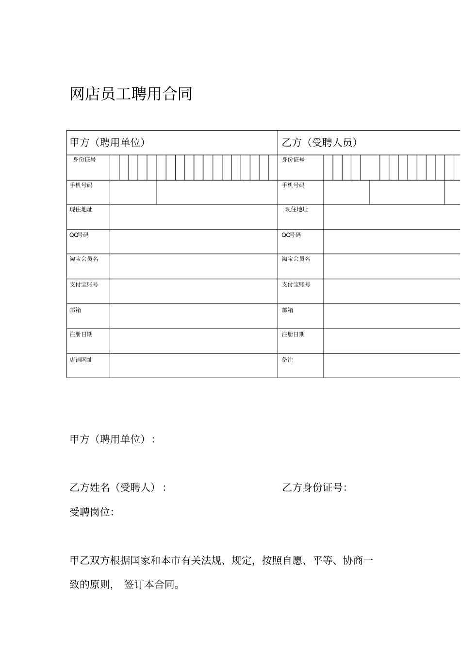 网店员工聘用合同模板_第1页