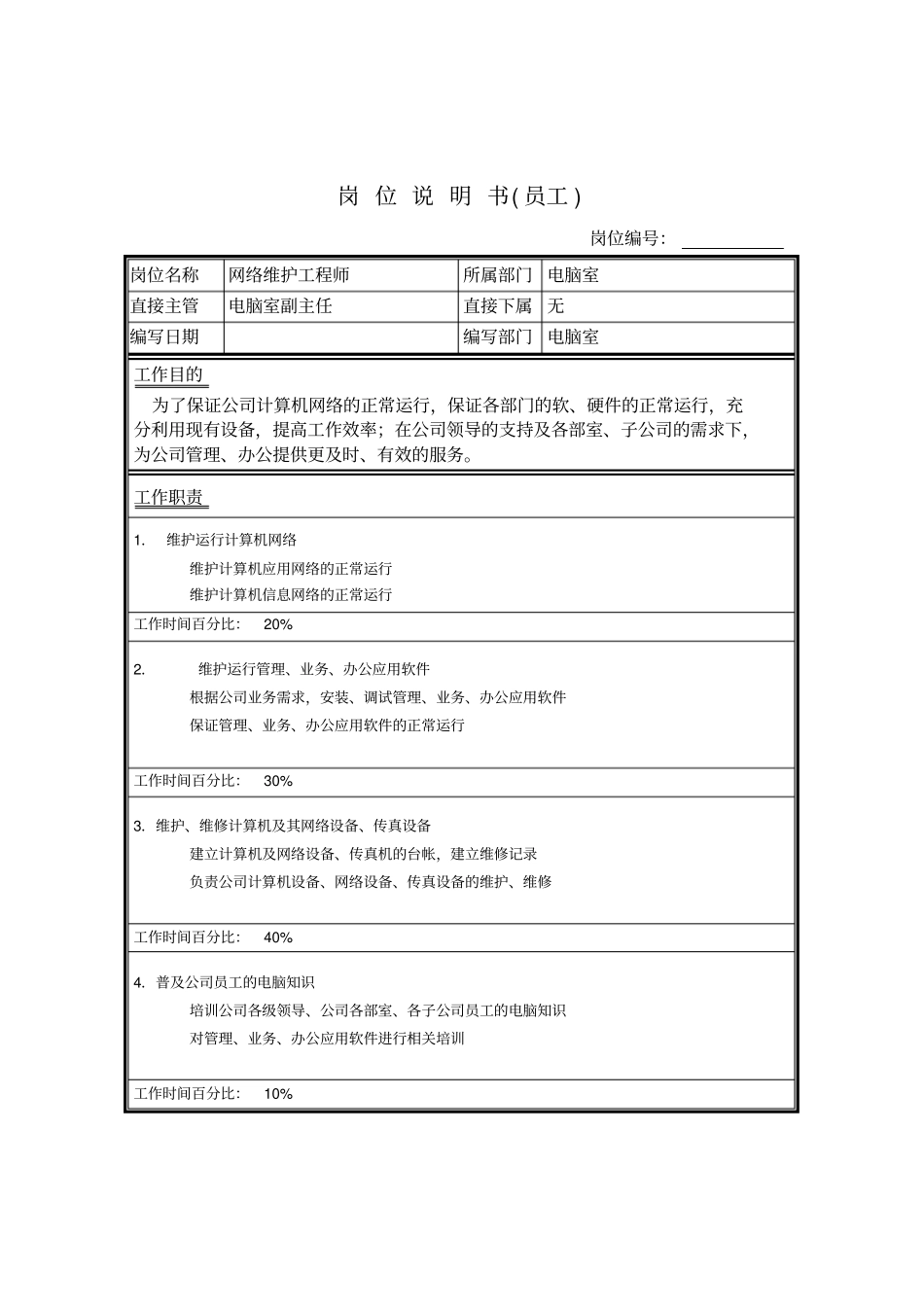 网络维护员工岗位说明书_第1页