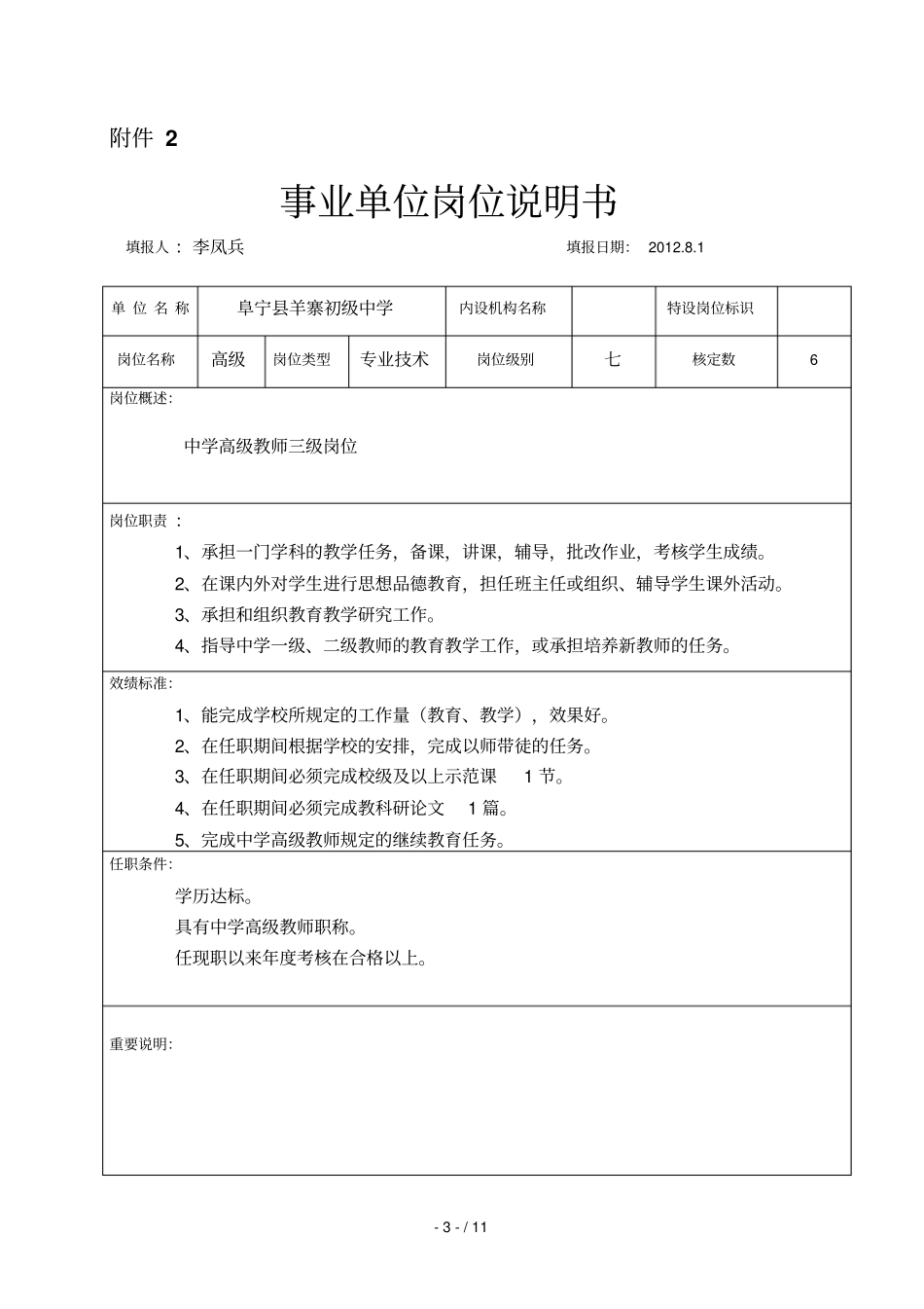 羊寨初级中学岗位设置说明书_第3页