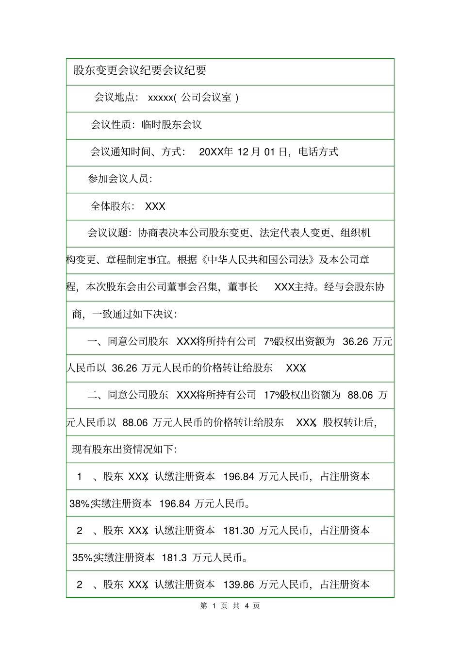 股东变更会议纪要会议纪要_第1页