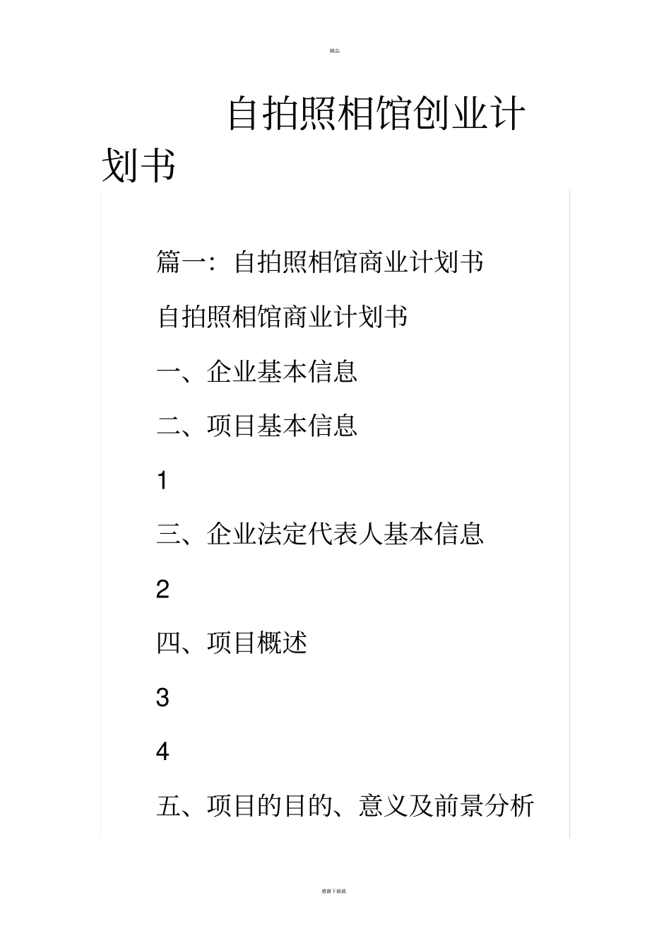 自拍照相馆创业计划书_第1页
