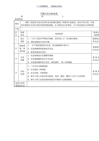 节假日安全检查表表格
