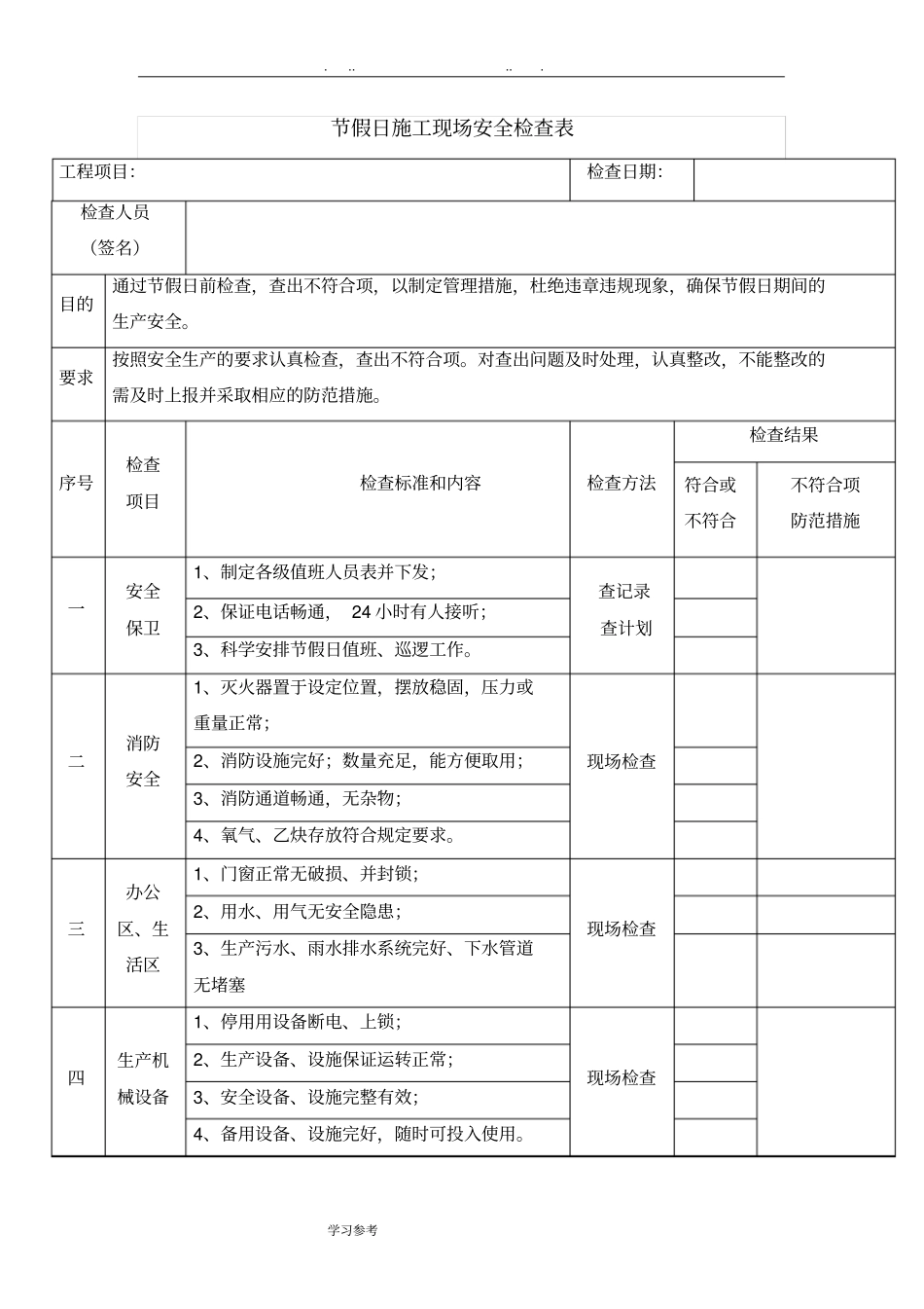 节假日建筑施工现场安全检查表_第1页