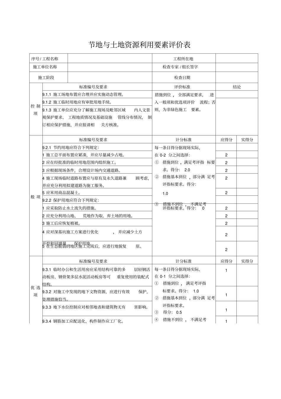 节地与土地资源利用要素评价表_第1页