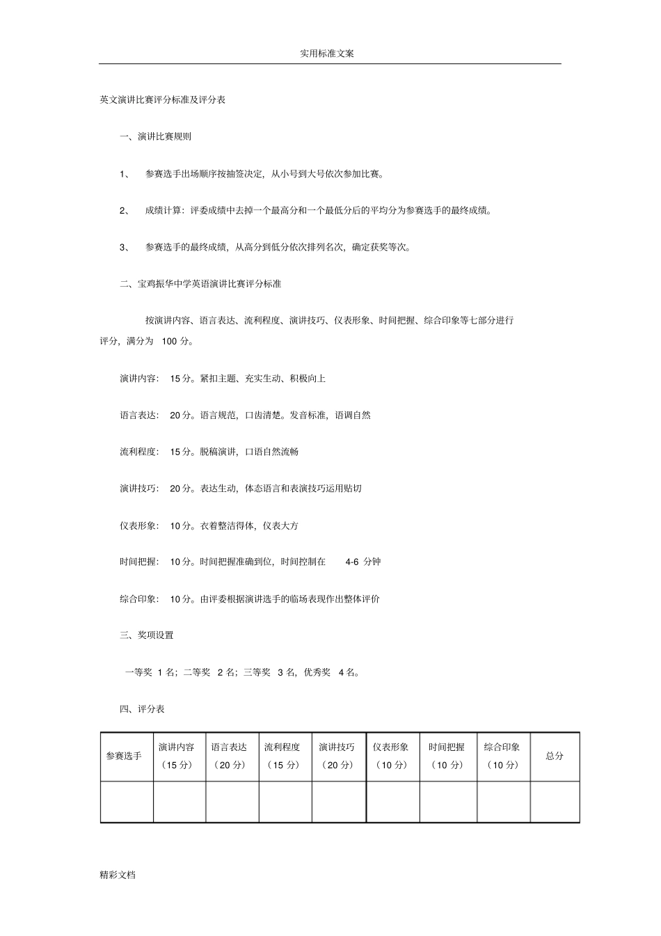 英文演讲比赛评分实用标准及评分表_第1页
