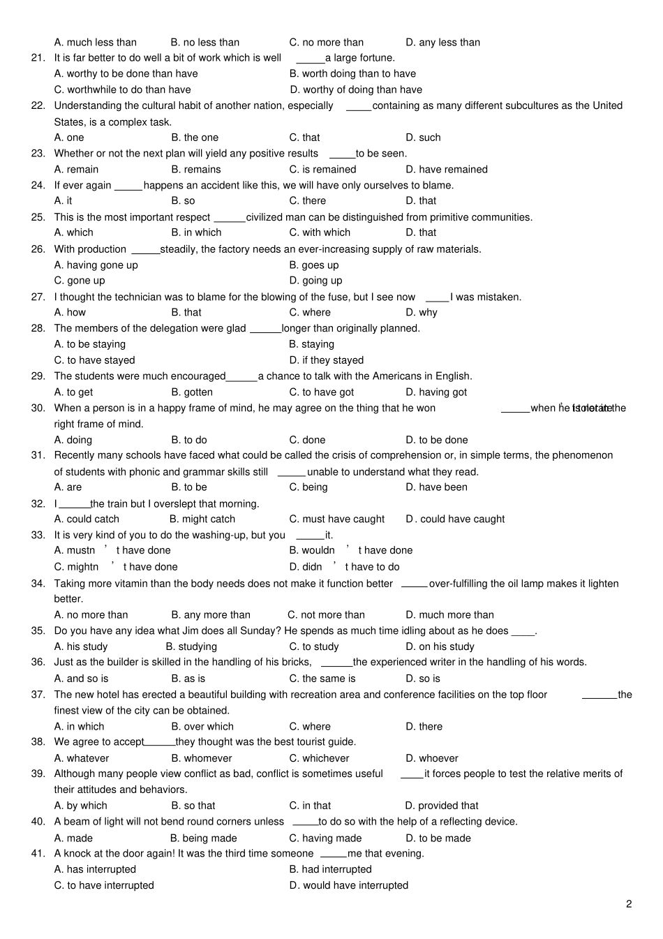 英语专业四级语法练习题_第2页
