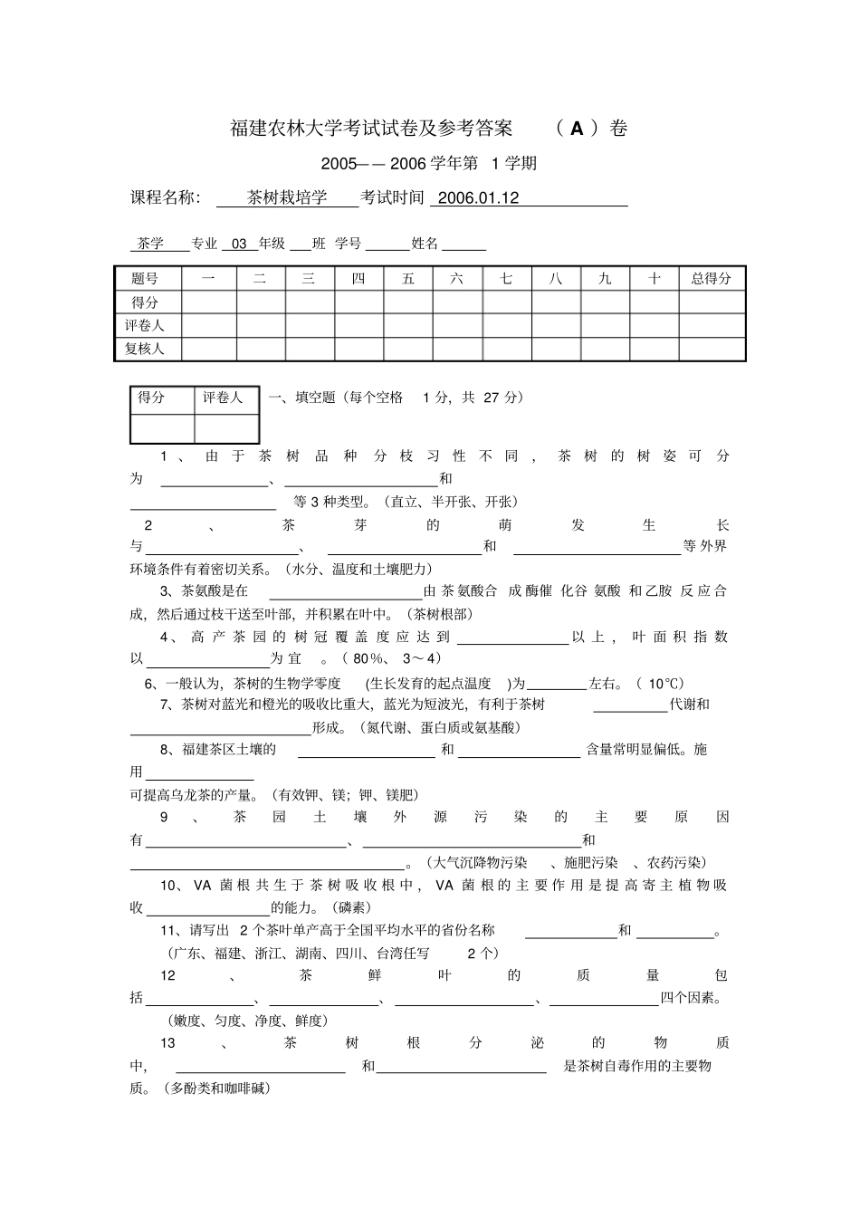茶树栽培学试卷及参考答案汇总_第1页