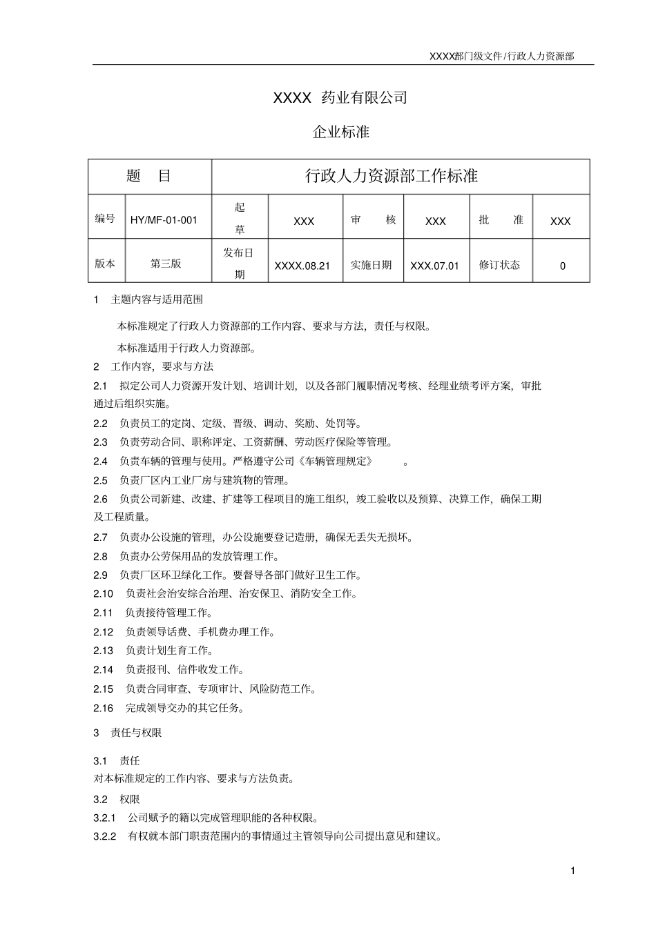 药厂行政人力资源部各岗位工作标准_第1页