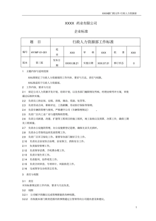 药厂行政人力资源部各岗位工作标准