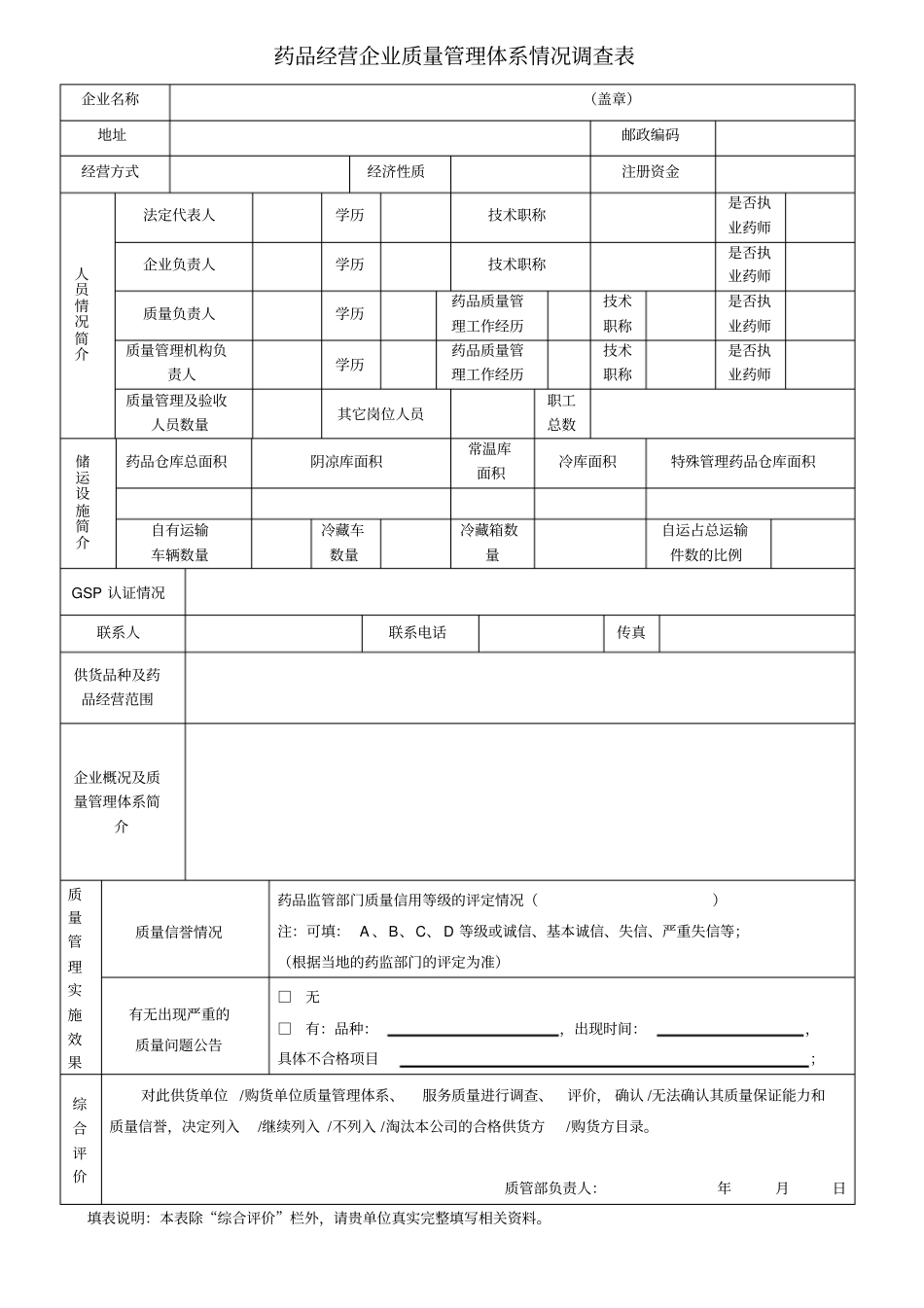 药品经营企业质量管理体系情况调查表_第1页