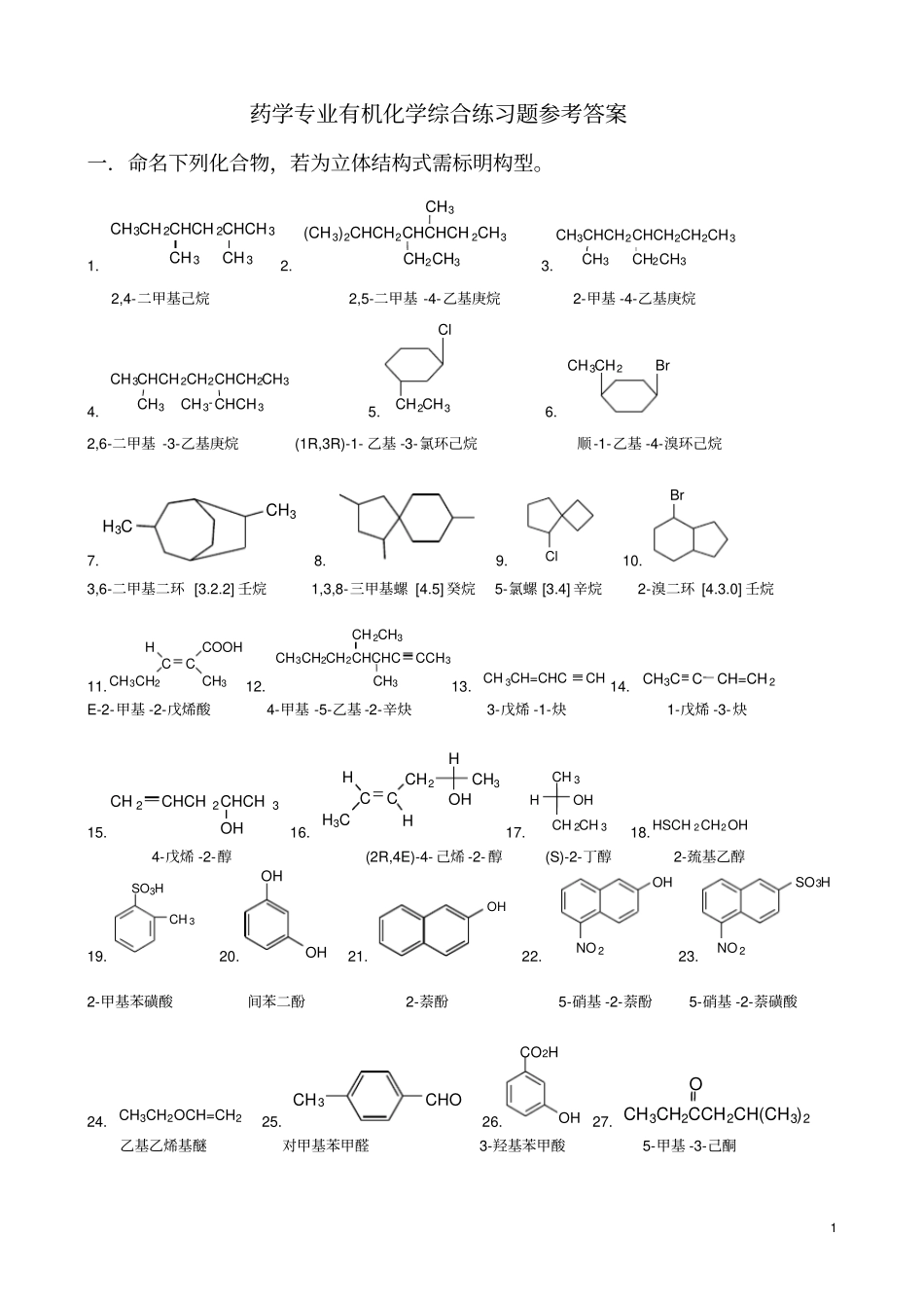 药学专业有机化学综合练习题参考答案_第1页