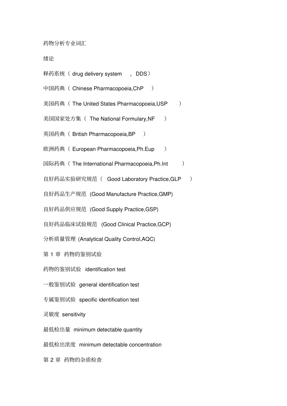 药物分析专业词汇题库_第1页