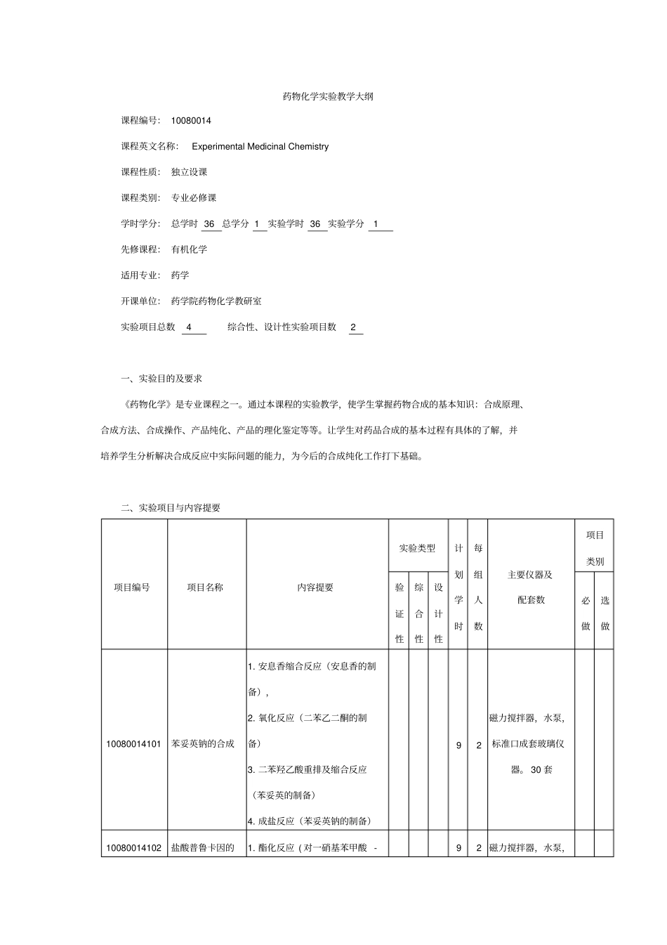 药物化学试验教学大纲_第1页