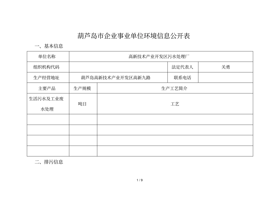 葫芦岛企业事业单位环境信息公开表_第1页