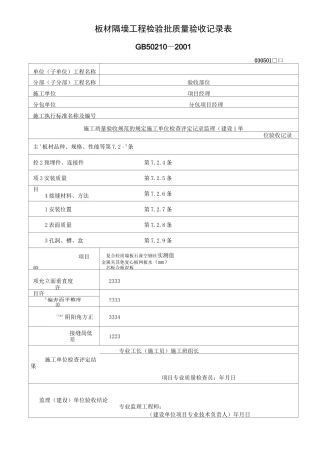 板材隔墙工程检验批质量验收记录表 