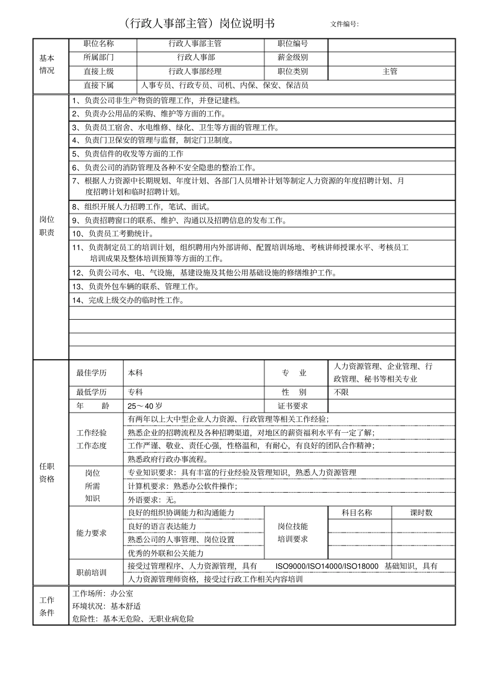 行政人事主管岗位说明书_第1页
