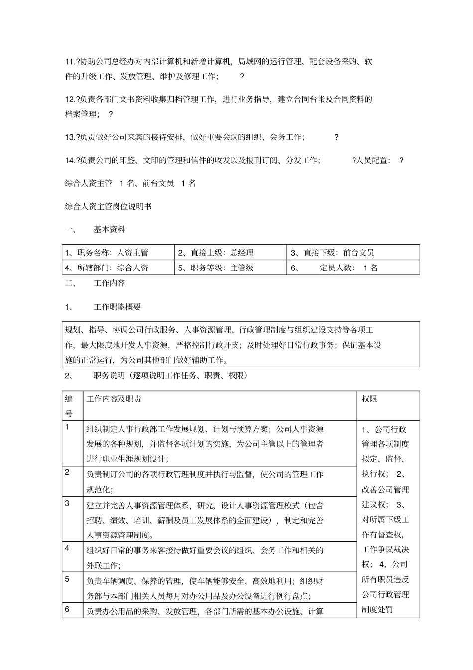 行政人事部部门职责及行政人事经理岗位说明书_第2页