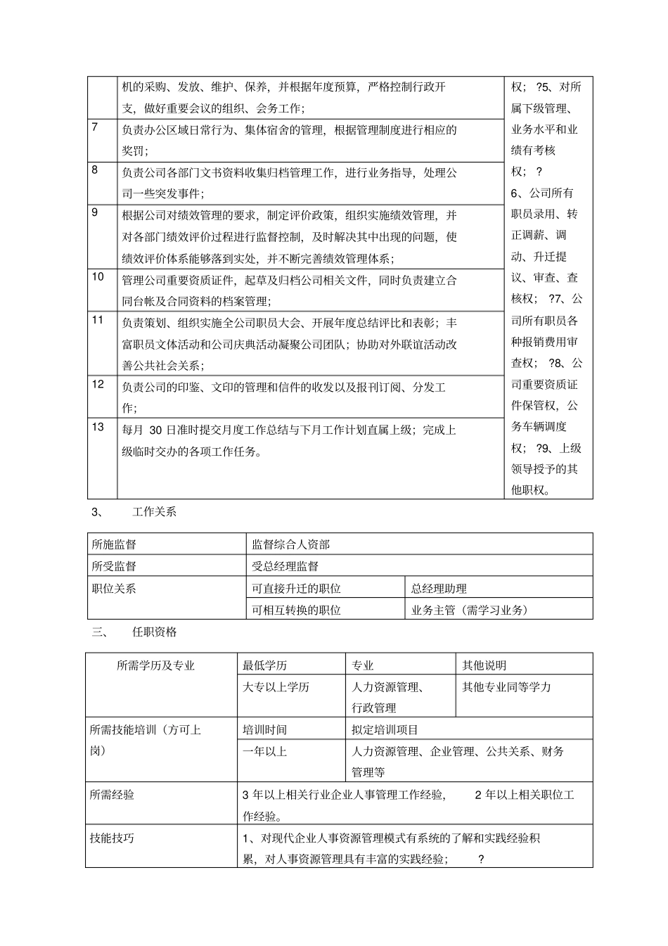 行政人事部部门职责及行政人事经理岗位说明书_第3页