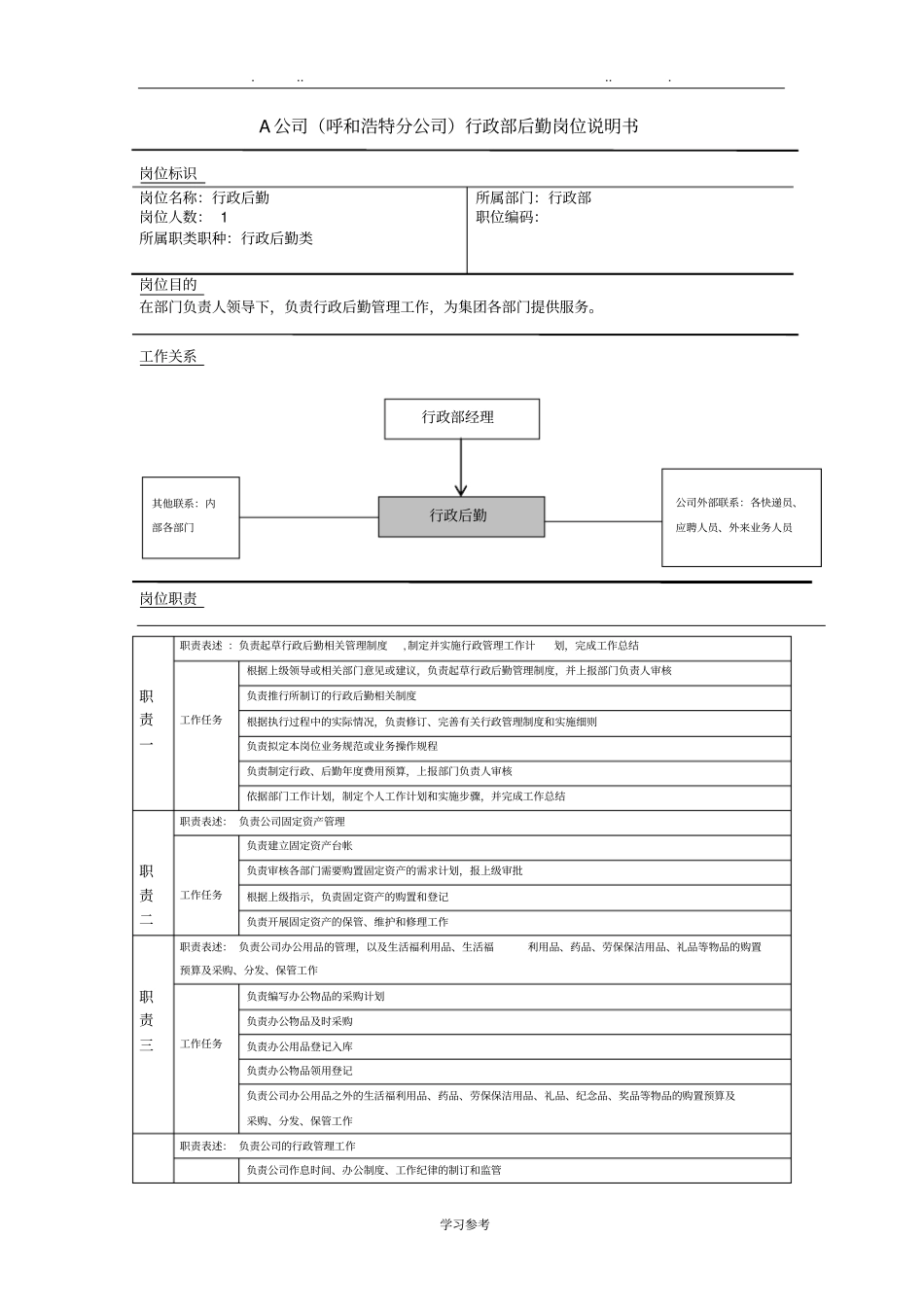 行政后勤岗位说明书_第1页