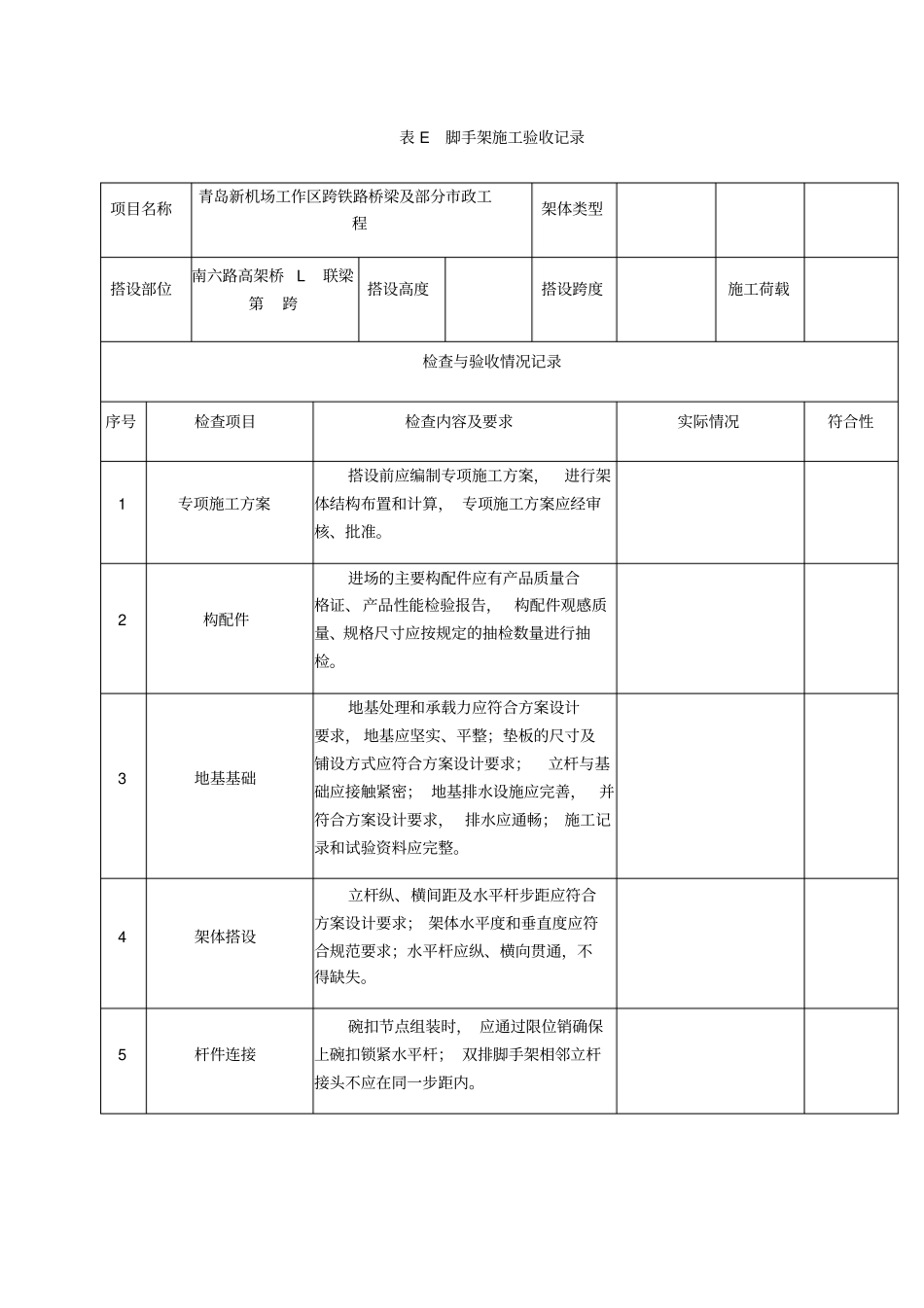 表E脚手架施工验收记录_第1页