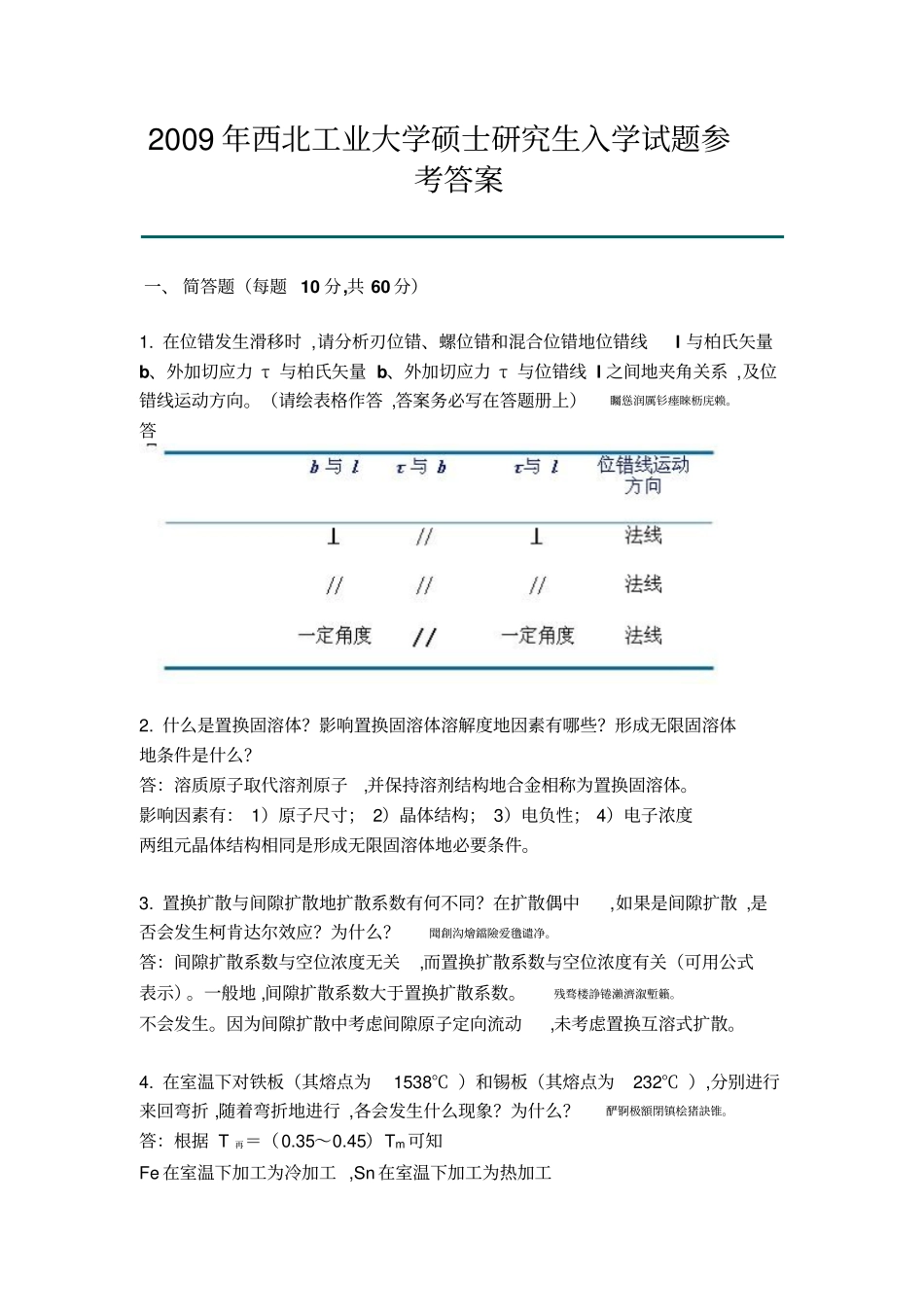 西北工业大学材料加工工程硕士研究报告方案生入学试题参考答案_第1页