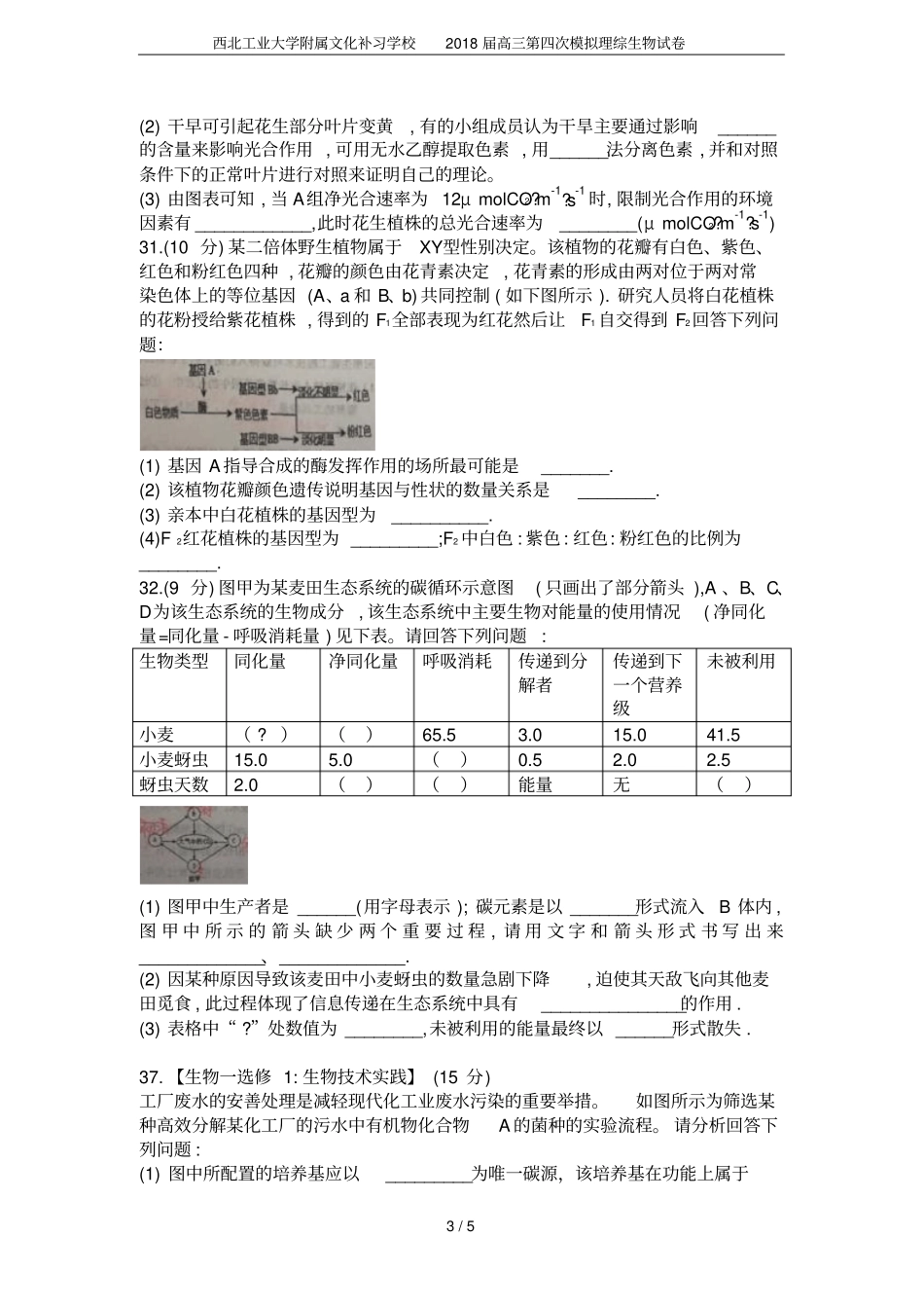 西北工业大学附属文化补习学校2018届高三第四次模拟理综生物试卷_第3页