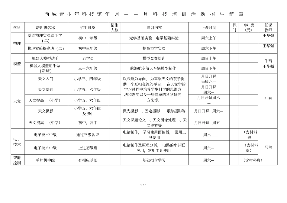 西城青少年科技馆年3月——8月科技培训活动招生简章_第1页