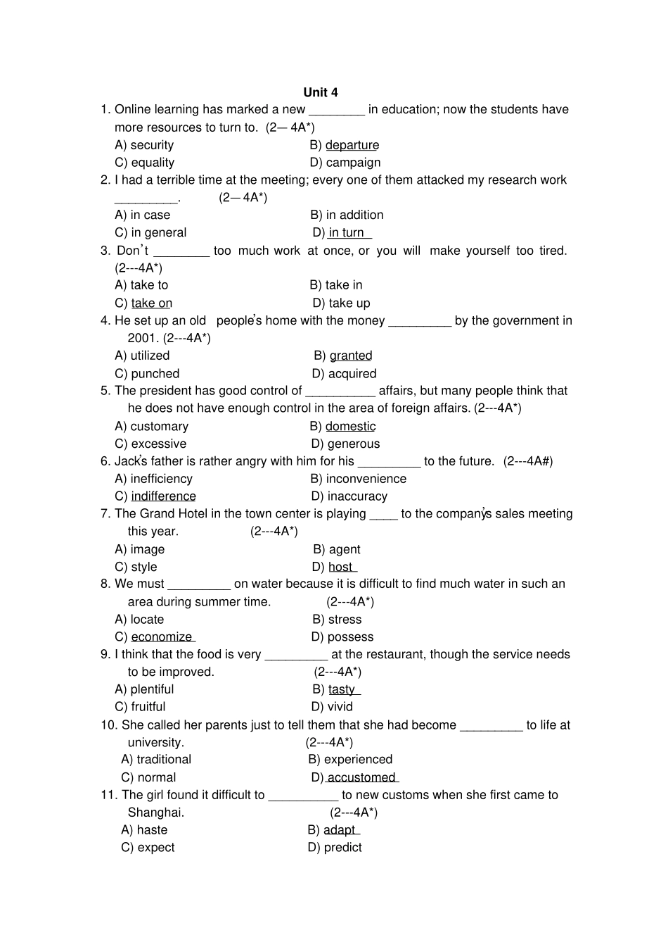 西安石油大学大一下学期英语试题unit4_第1页