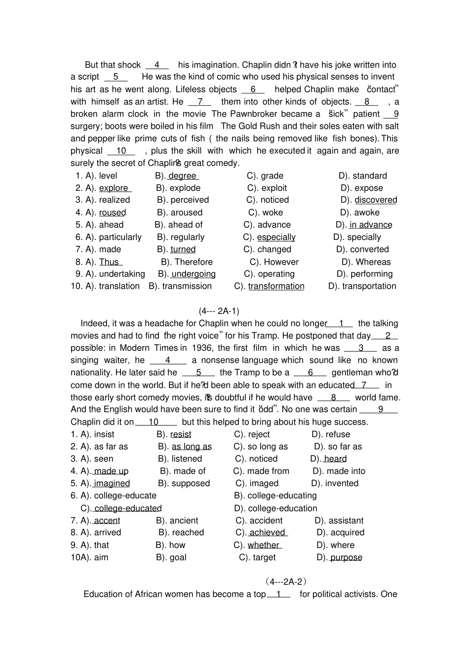 西安石油大学大二下英语题库--完型_第3页