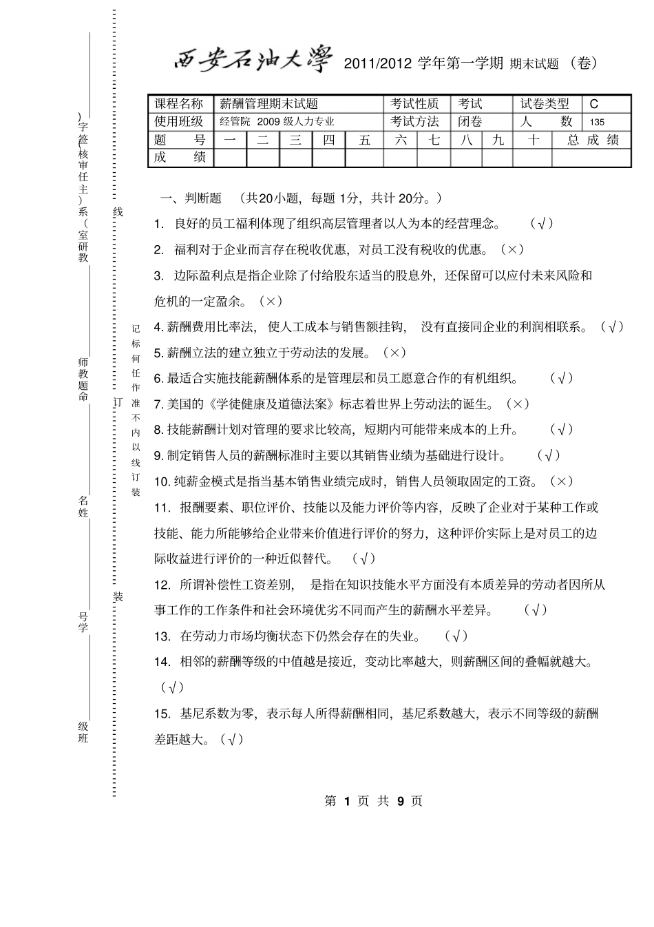西安石油大学薪酬管理期末试题C及其答案_第1页