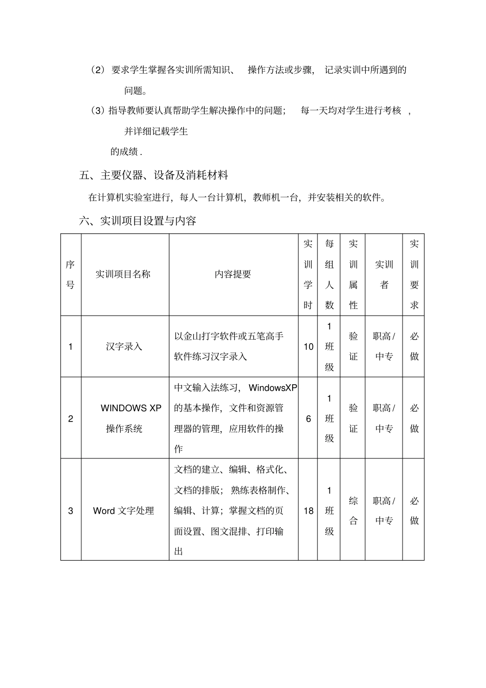 计算机应用基础实训大纲_第3页