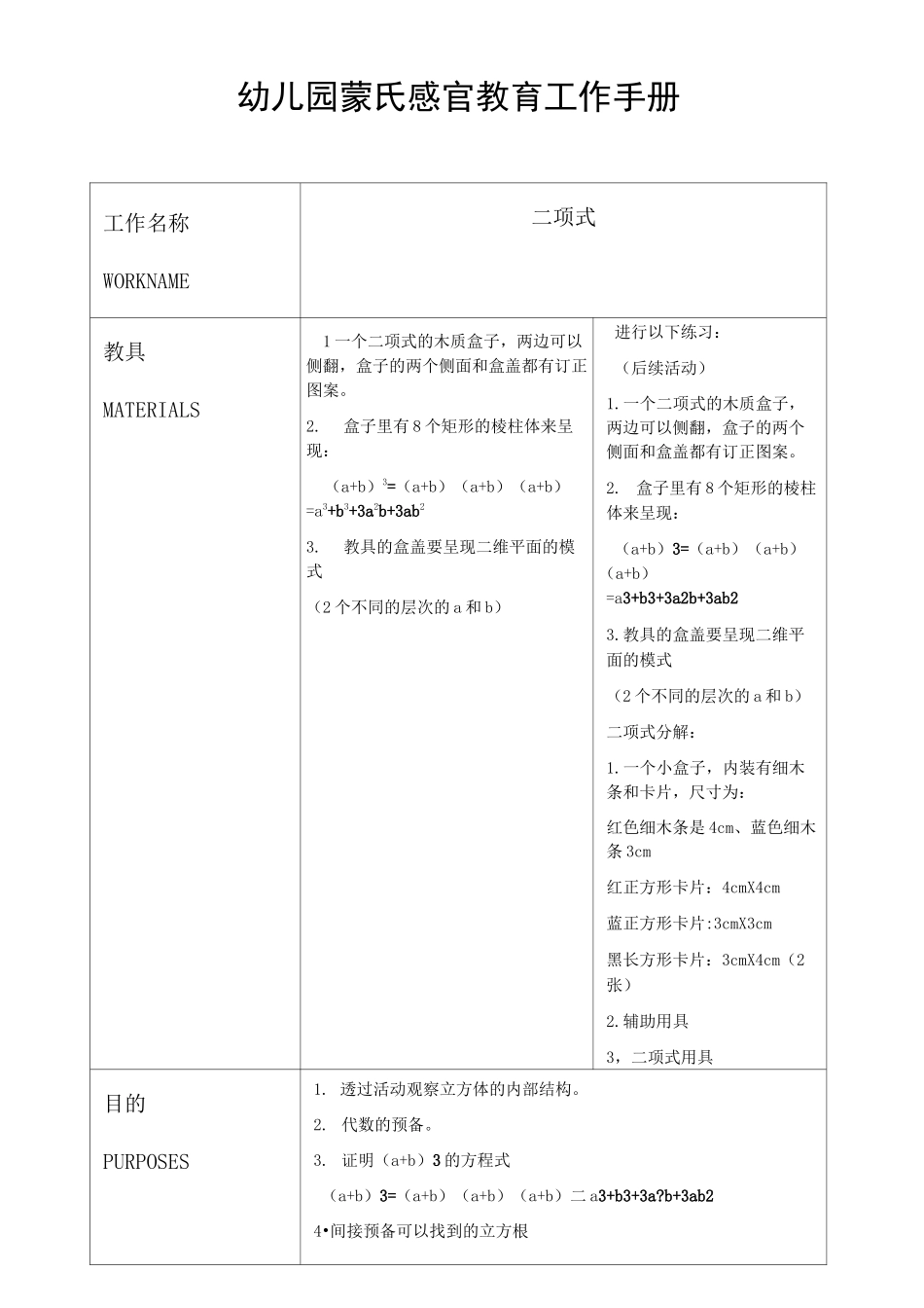 幼儿园蒙氏感官教育工作手册——二项式_第1页