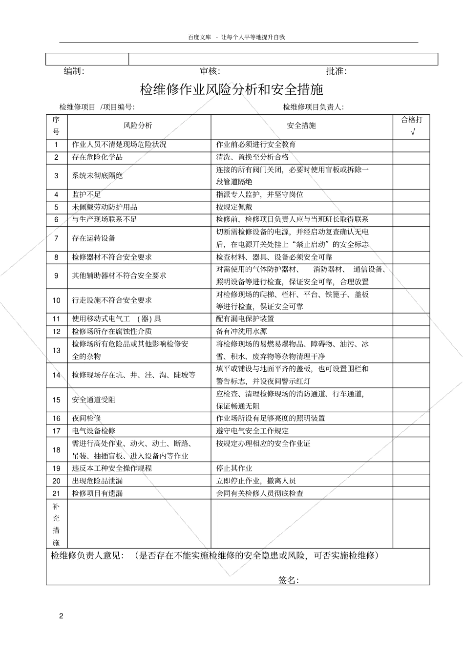 设备检维修方案风险分析及安全措施现场检查表交付生产手续_第2页
