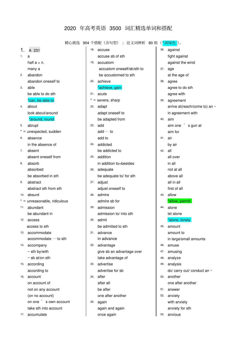 译林牛津2020年江苏高考英语3500词汇精选词块_第1页