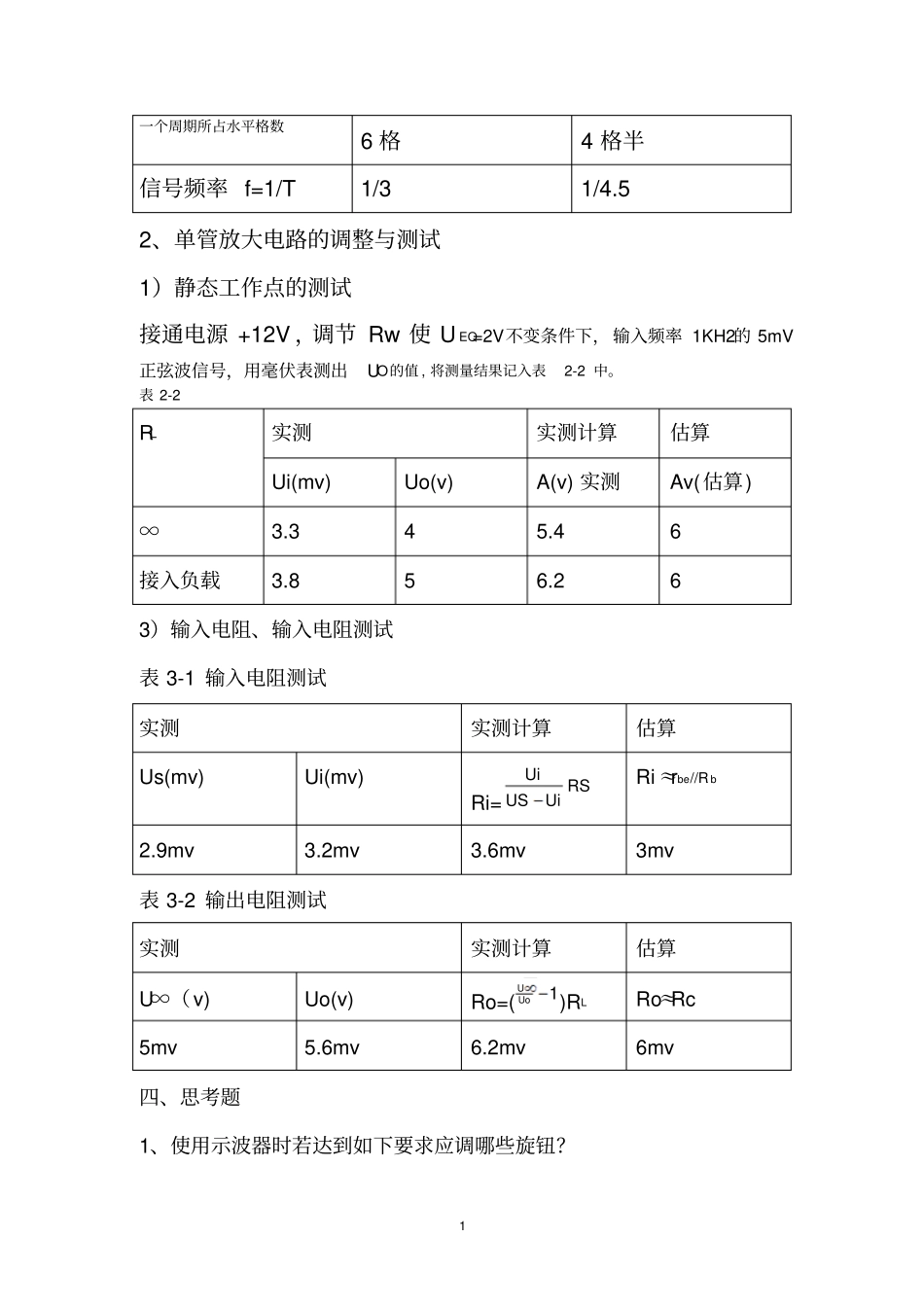 试验一：单管放大电路及常用电子仪器的使用全解_第2页