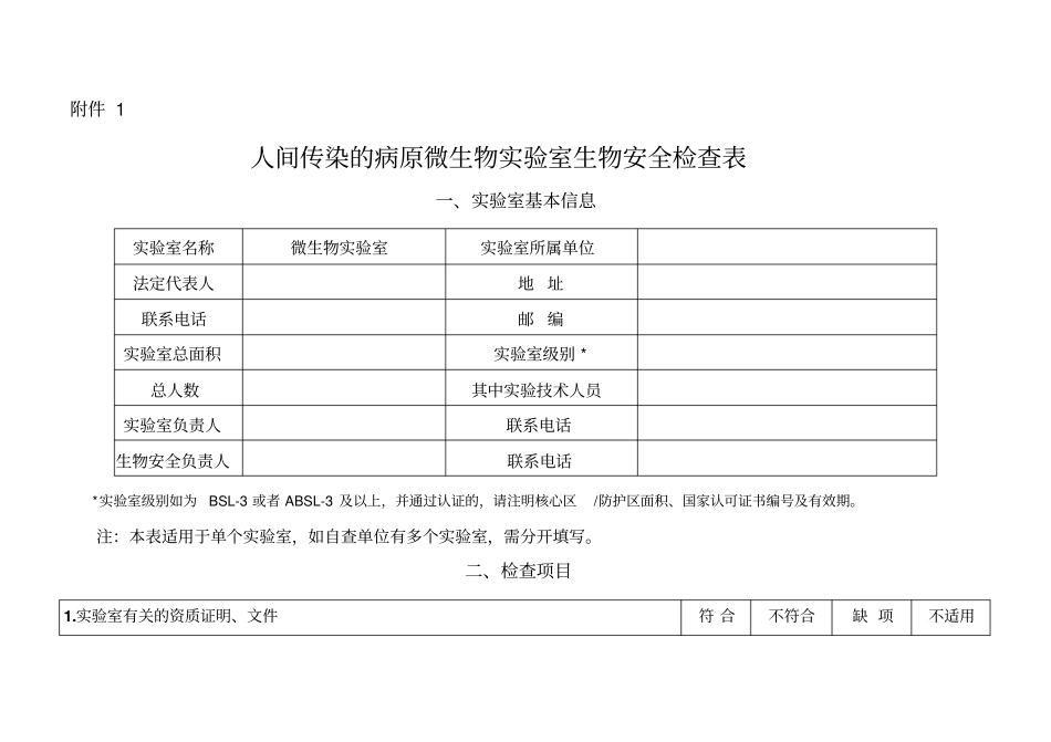 试验室生物安全专项检查表_第1页