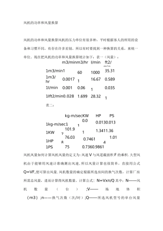风机功率与风量对照表