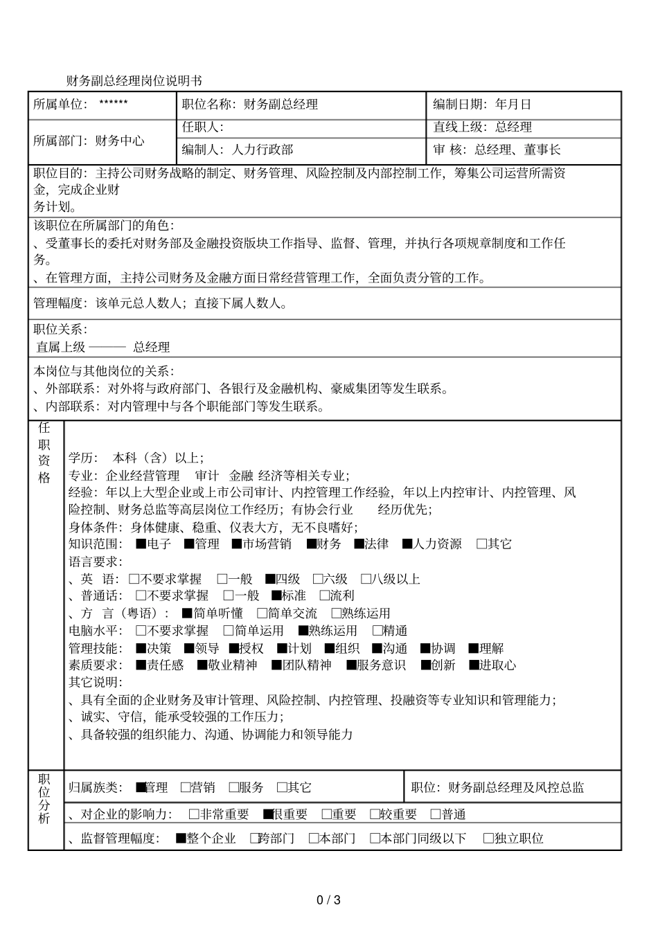 财务副总经理岗位说明书_第1页