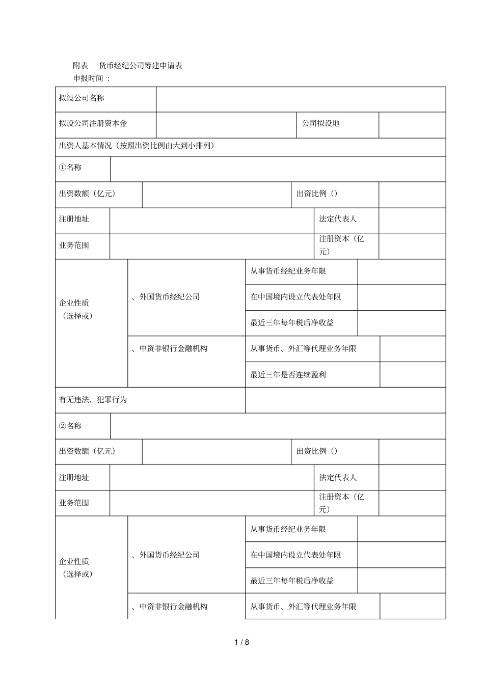 货币经纪公司筹建申请表_第1页