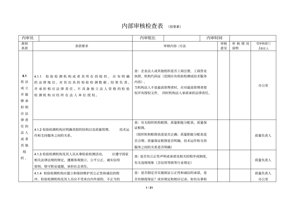 资质认定内审检查表2016版_第1页