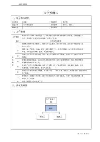 车间机台长岗位说明书