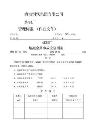 转炉炼钢厂熔融金属事故应急预案