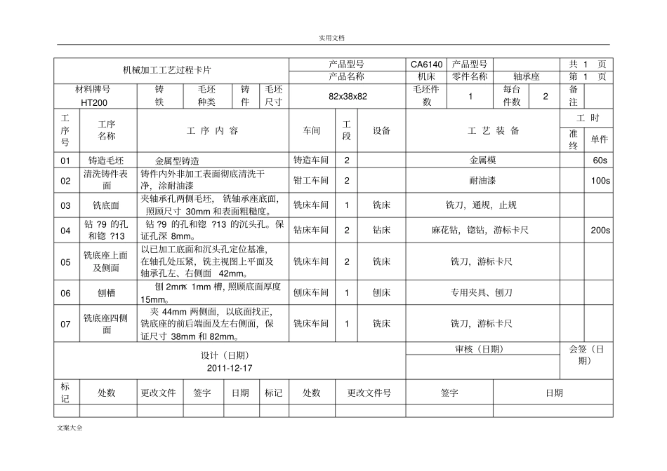 轴承座加工实用工艺过程及工序卡_第1页