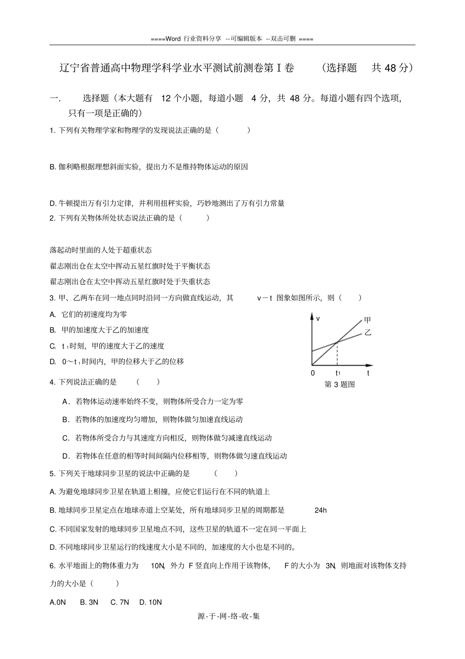 辽宁普通高中物理学科学业水平测试前测卷及答案_第1页