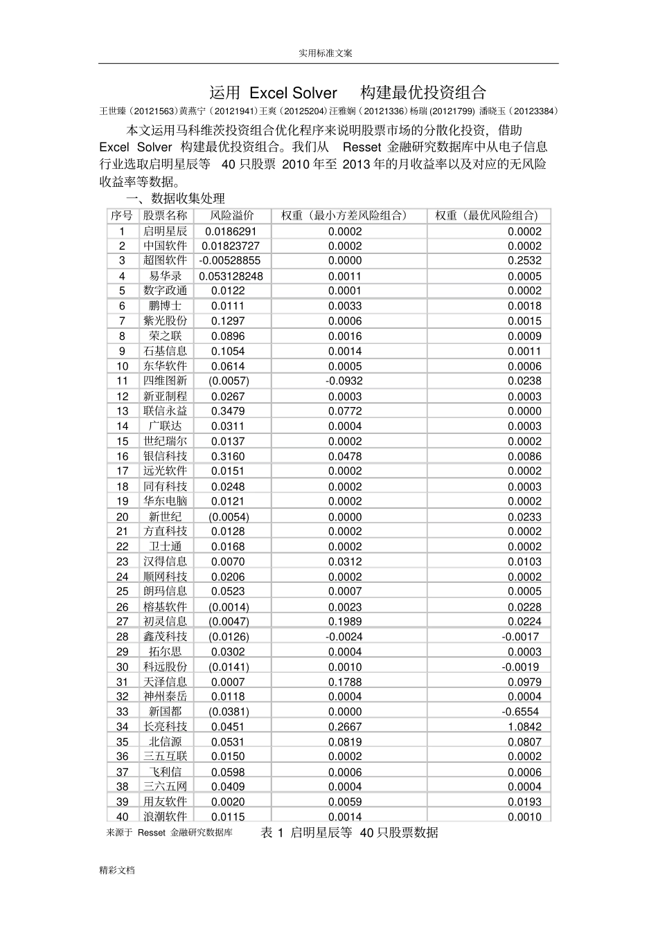 运用ExcelSolver构建最优投资组合王世臻_第1页