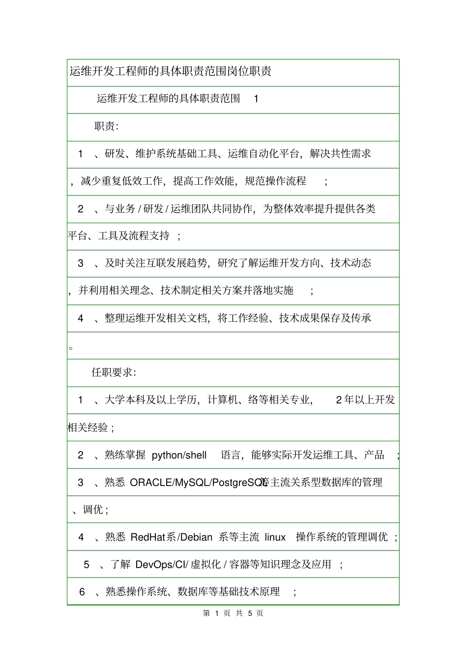 运维开发工程师的具体职责范围岗位职责_第1页