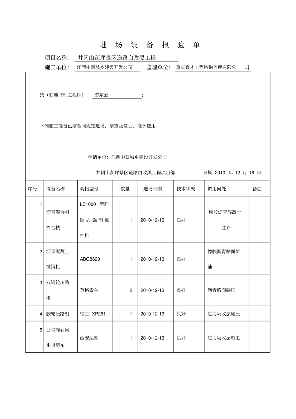 进场设备报验单_第1页