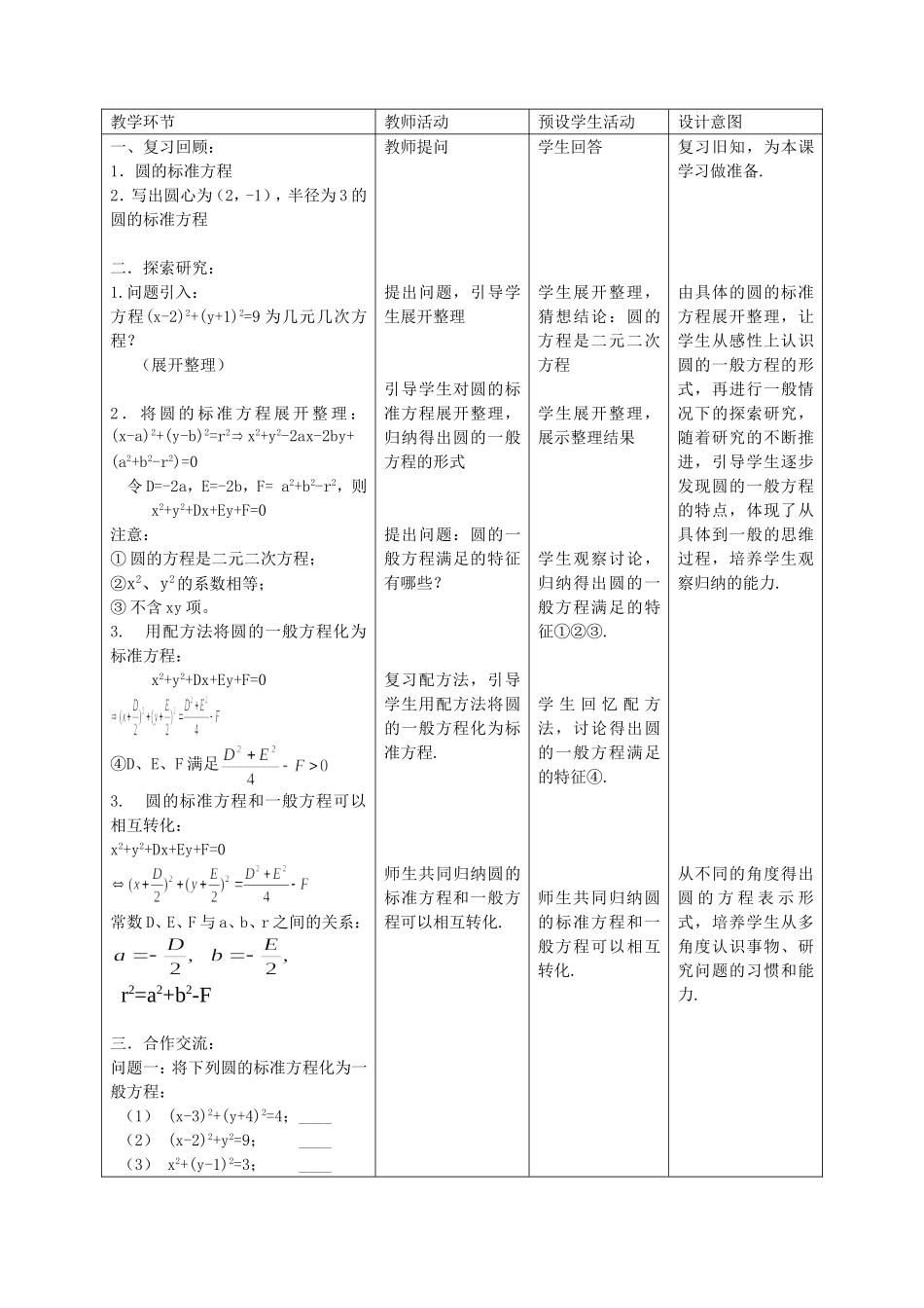 《圆的一般方程》教学设计与反思_第2页