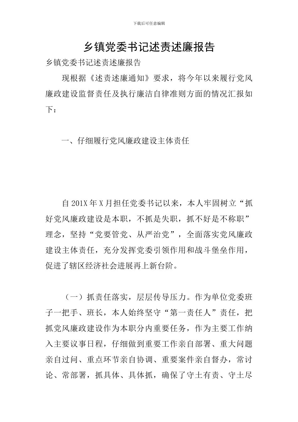 乡镇党委书记述责述廉报告_第1页